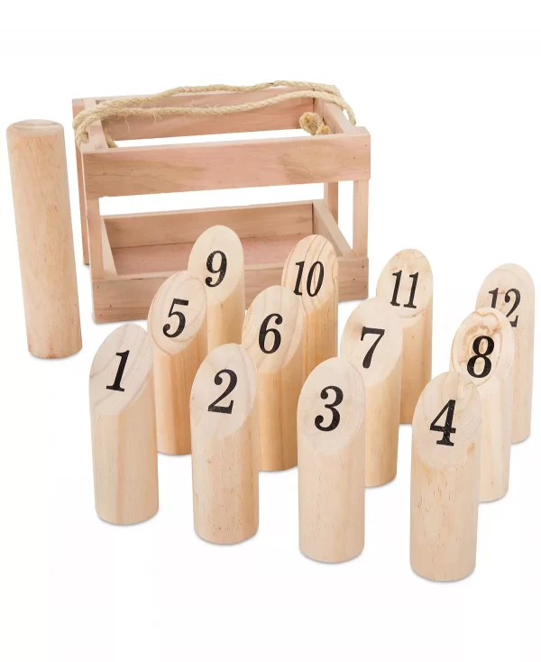 Natural Wooden Throwing Game-Complete Set, 12 Numbered Pins, Throwing Dowel, Carrying Crate-Outdoor Lawn Games For Adults and Kids by Hey! Play!, 7.1" x 11.1" x 7.25"
