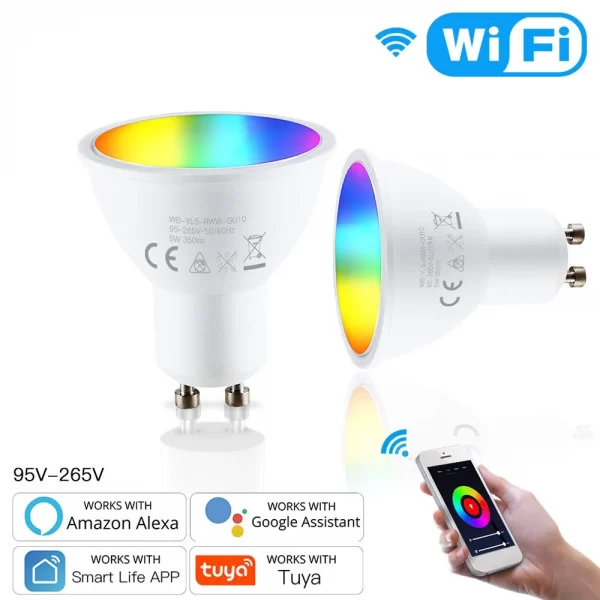 WiFi Smart Bulb Light LED 5W 90-265V 2800K-6200K+RGB GU10 Dimmable Light Phone APP Remote Control Compatible with Alexa Google Home for Voice Control, 1 pack
