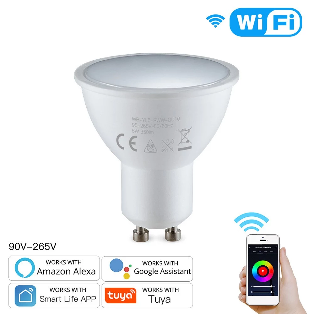 WiFi Smart Bulb Light LED 5W 90-265V 2800K-6200K+RGB GU10 Dimmable Light Phone APP Remote Control Compatible with Alexa Google Home for Voice Control, 1 pack